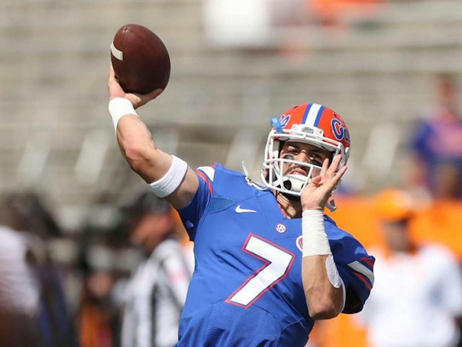 Florida quarterback Will Grier warms up before the start of play against Tennessee at Ben Hill Griffin Stadium in Gainesville, Fla., on Saturday, Sept. 26, 2015. (Stephen M. Dowell/Orlando Sentinel/TNS)
