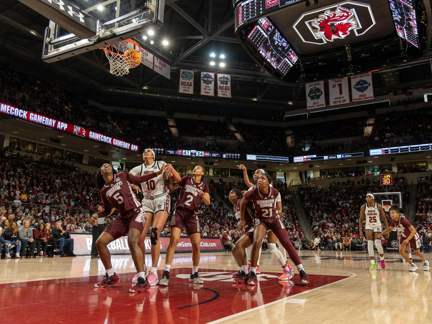 Sophomore forward Ashlyn Watkins makes a free throw in a game against Mississippi State at Colonial Life Arena on Jan. 7, 2024. The Gamecocks' 85-66 win over the Mississippi State Bulldogs left the team 14-0 overall and 2-0 in SEC play.