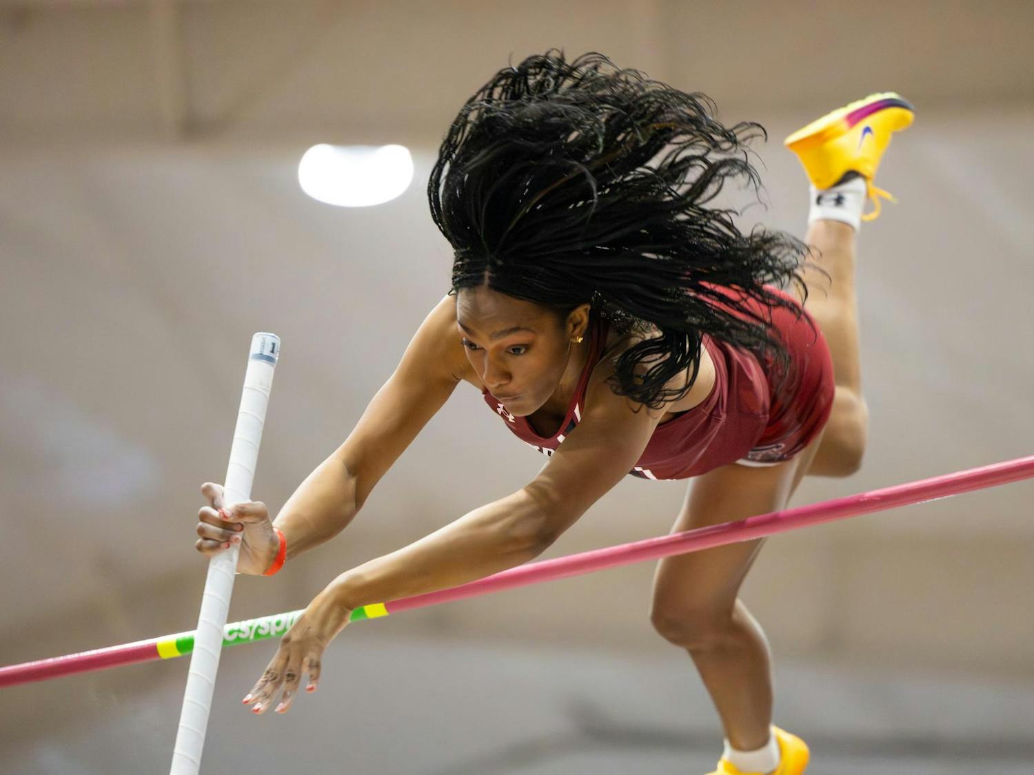 Sophomore pole vaulter Jathiyah Muhammad clears the bar during the women's pole vault at the Carolina Classic track and field meet on Feb. 7, 2026. Muhammad finished second with a maximum height of 4.28 meters.