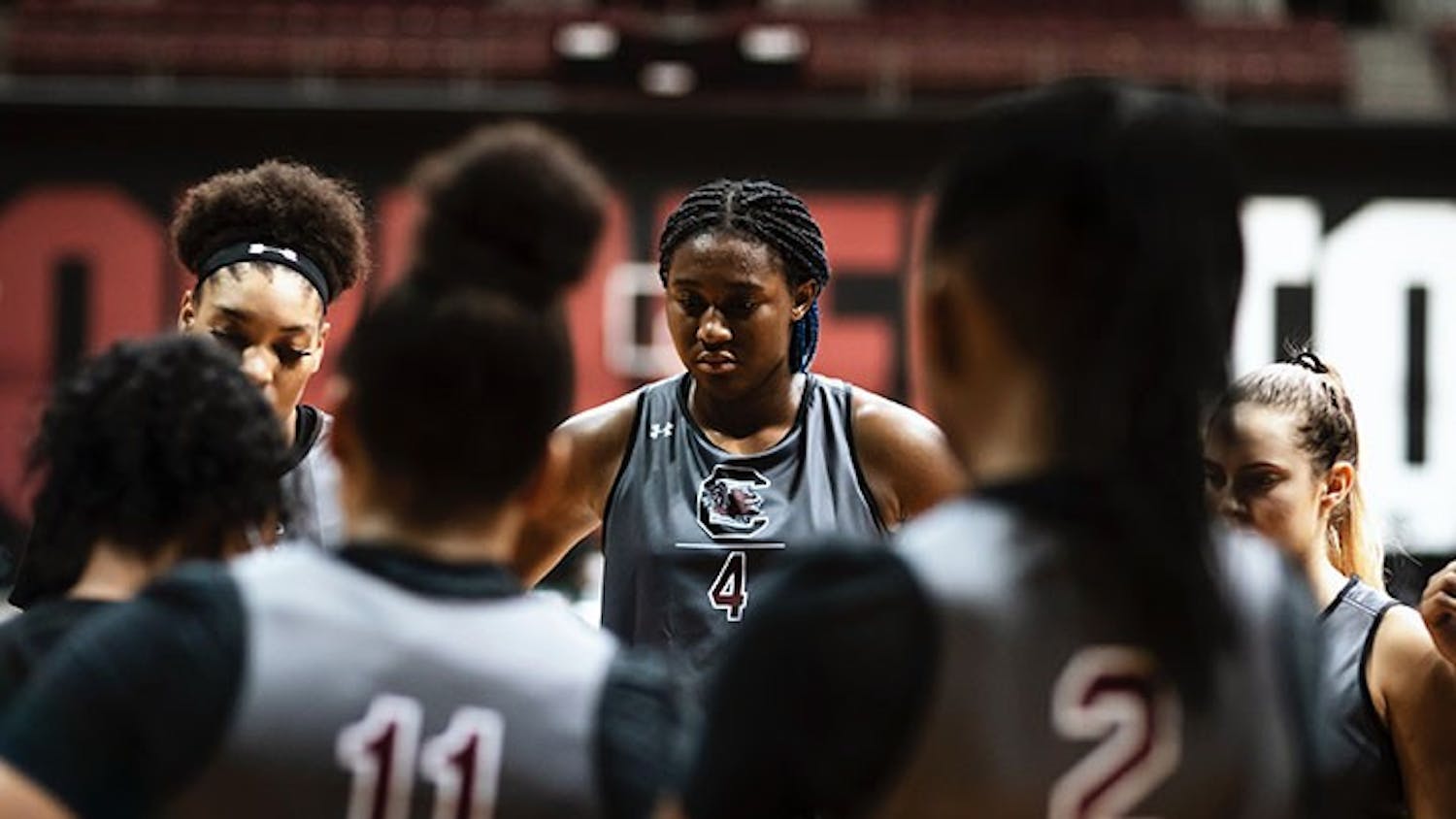 Sophomore forward Aliyah Boston stands in a huddle with her fellow teammates during the first official practice of the season.