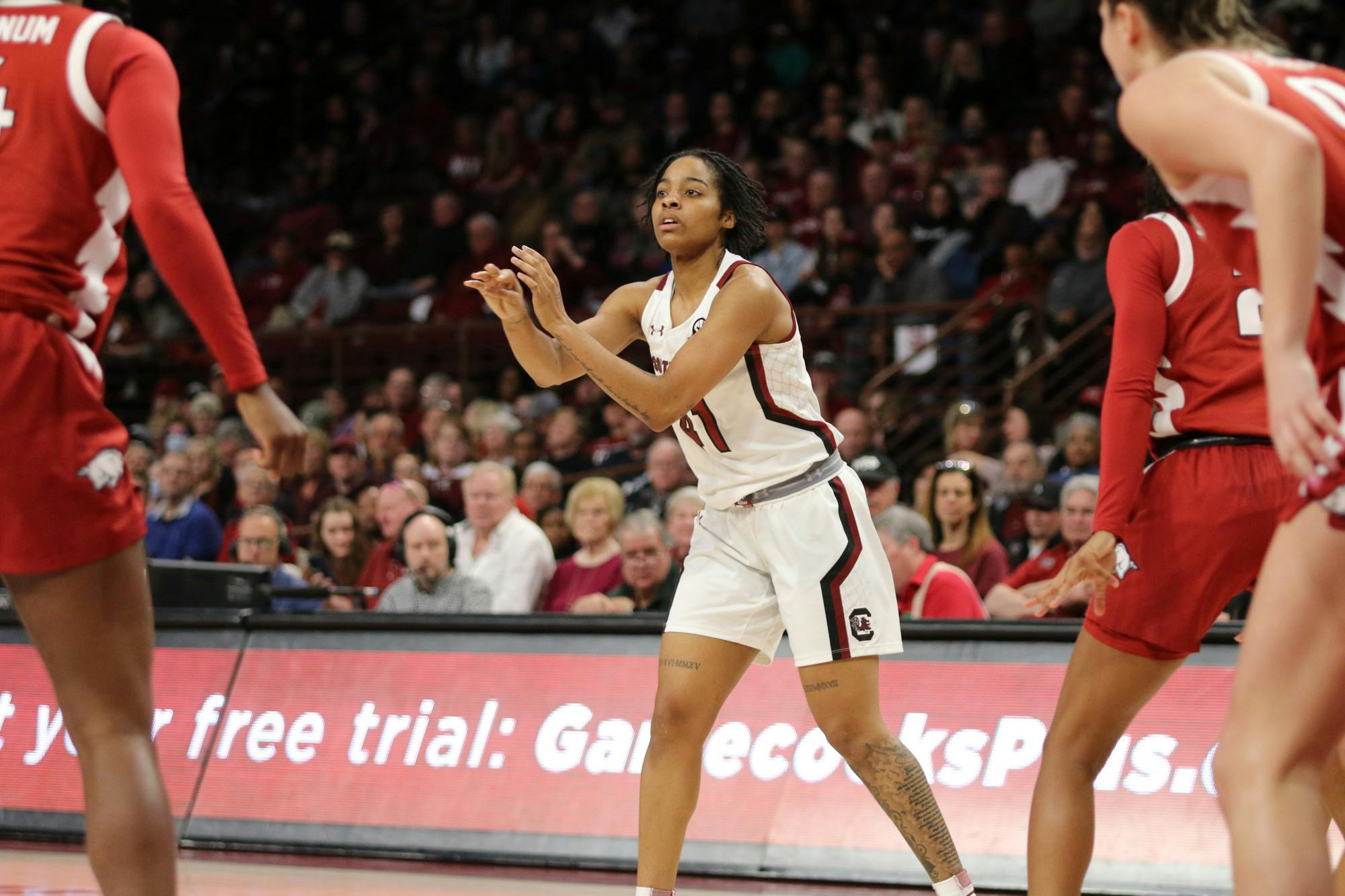 Graduate guard Kierra Fletcher passes the ball off to her teammate on Jan. 22, 2023. The Gamecocks defeated Arkansas 92-46.&nbsp;