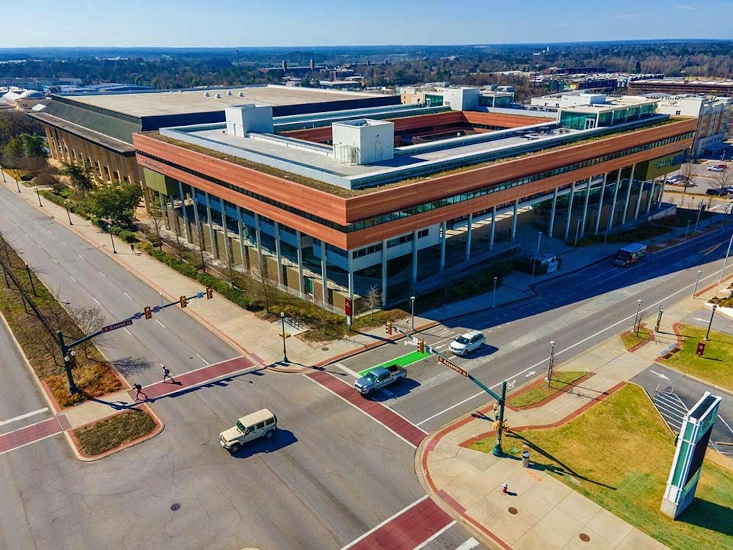 An aerial view of the USC campus. The university displaced lower-income residents in areas such as Wheeler Hill and what once was the Ward One neighborhood in order to expand the campus.