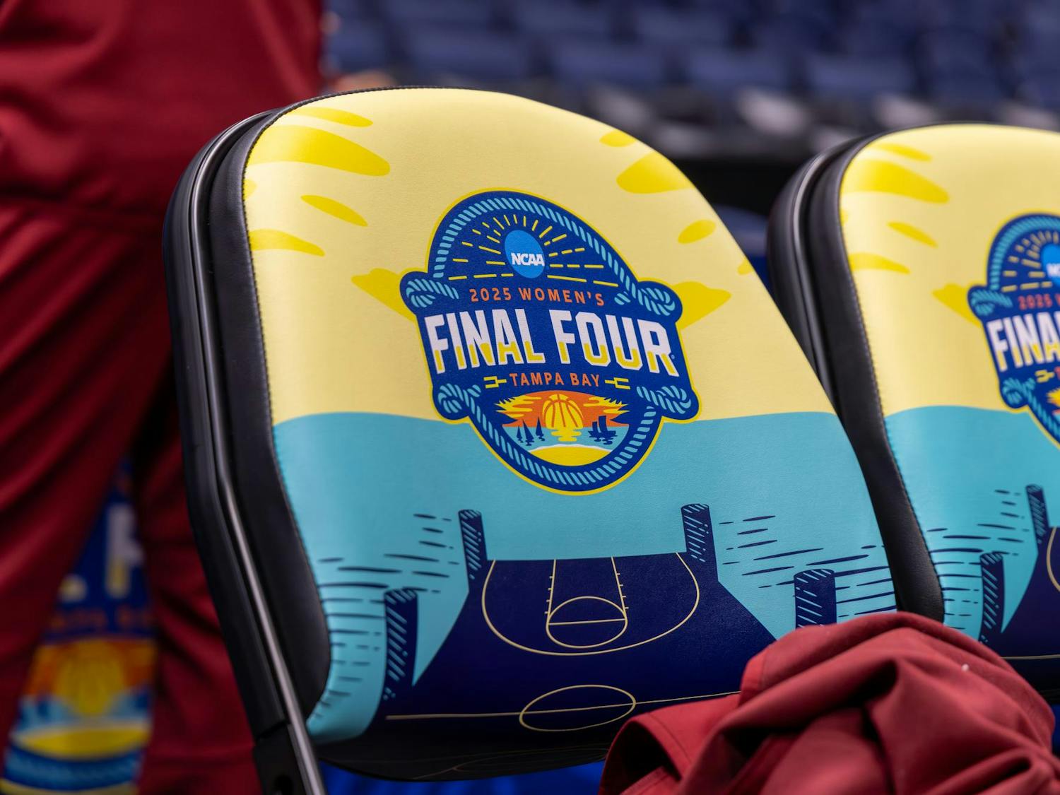 A chair on the court of Amalie Arena on April 3, 2025, ahead of the Women's Final Four matchups. South Carolina is set to face Texas at 7 p.m. for the fourth time this season.