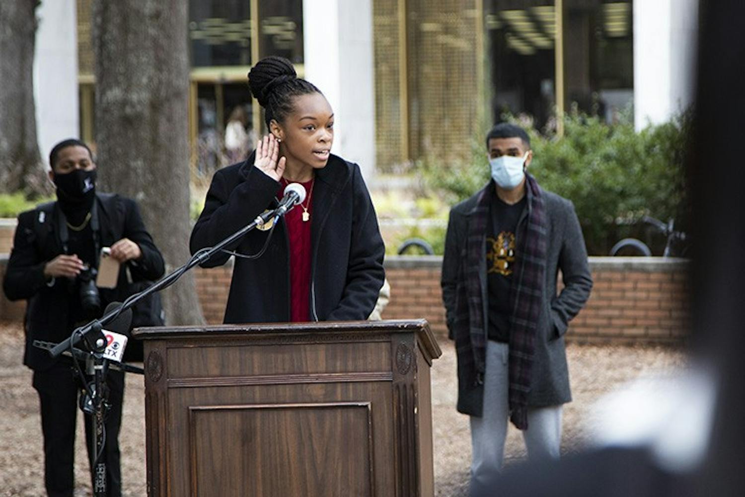 USC's NAACP chapter President Caley Bright gives a speech at the Aim to Rename press conference on Feb. 17, 2021.&nbsp;