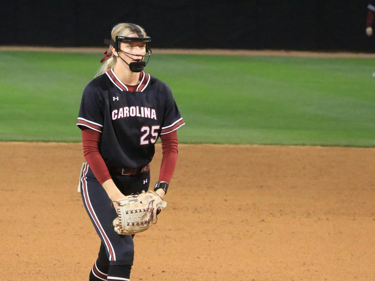 Junior pitcher Jori Heard gets ready to throw the ball to an opposing teammate. Out of her 83 batters faced in her softball career at USC, Heard had faced 25 of them at the February 14, 2025, game against the Miami Redhawks.