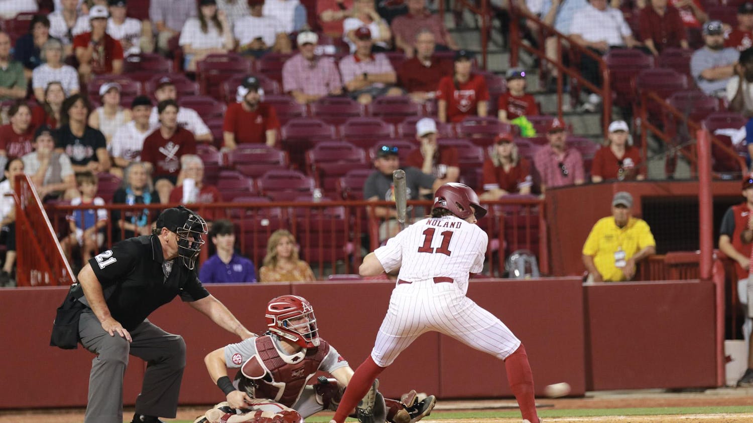 Fifth-year infielder Parker Noland takes a ball during his at-bat to even the score to 2-2 against the Razorbacks on April 19, 2024, at Founders Park. Noland ended his 24-game reached-base streak during the matchup.