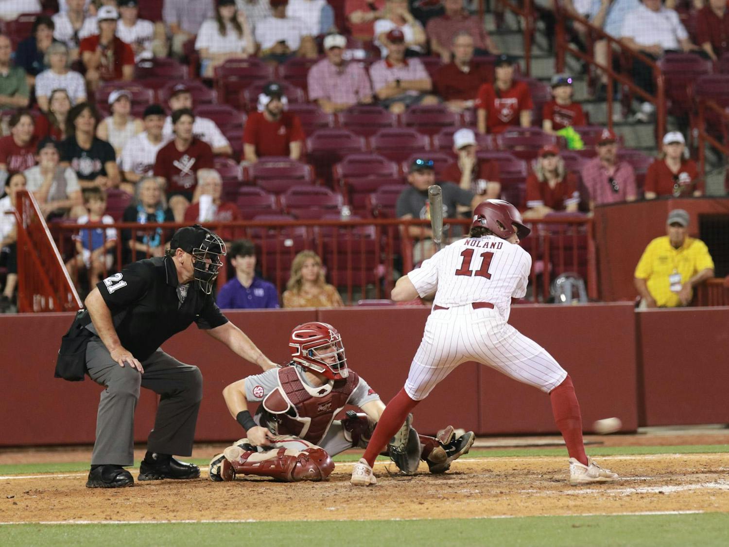 Fifth-year infielder Parker Noland takes a ball during his at-bat to even the score to 2-2 against the Razorbacks on April 19, 2024, at Founders Park. Noland ended his 24-game reached-base streak during the matchup.
