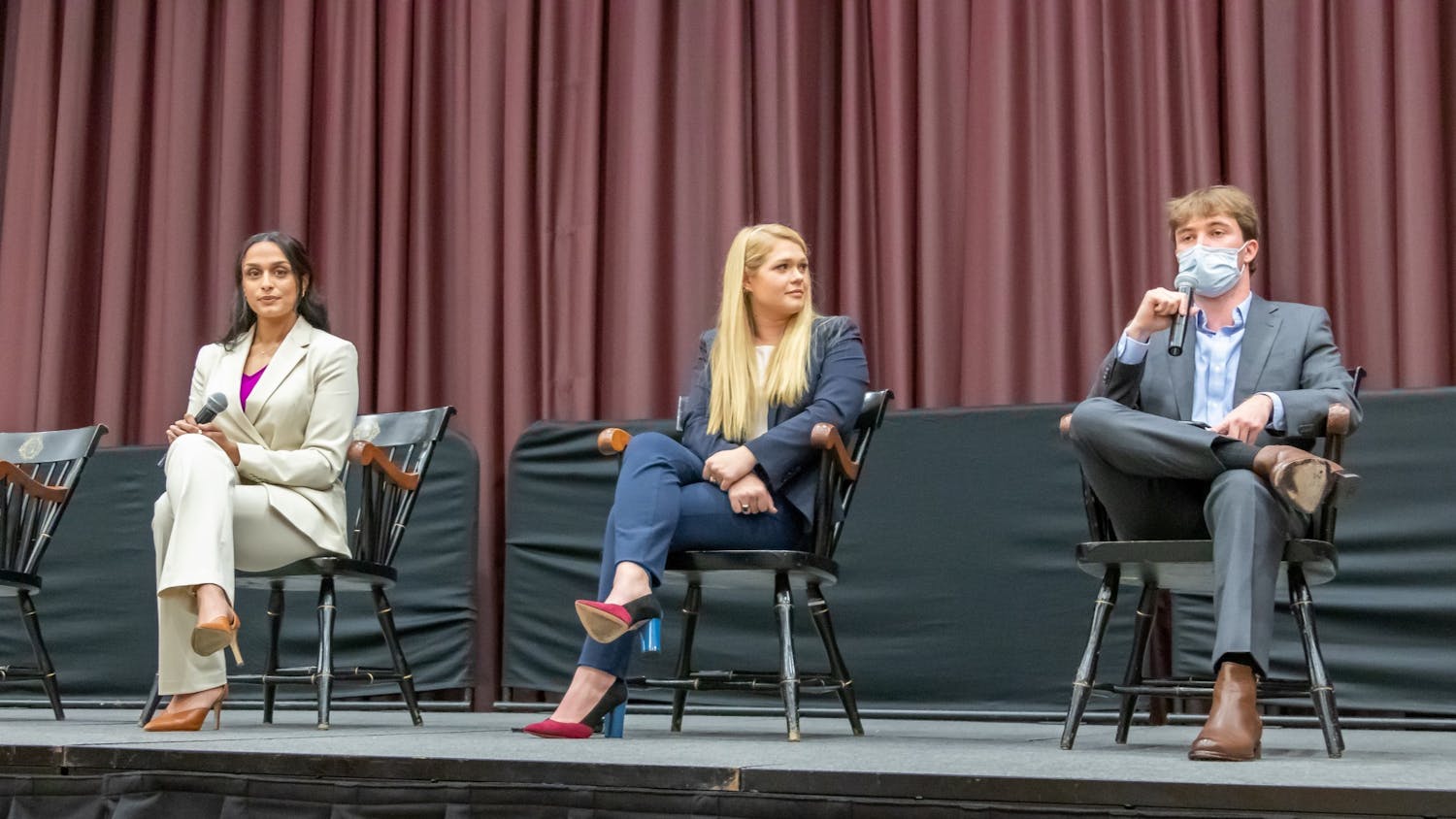 FILE—Former presidential candidate Nicholas Marzullo (right) discusses his agenda for improving campus life, as the other former presidential candidates, current Student Body President Reedy Newton (middle) and Gurujjal Roopra (left), prepare their responses during the Student Government Presidential Debate on Feb. 15, 2022.