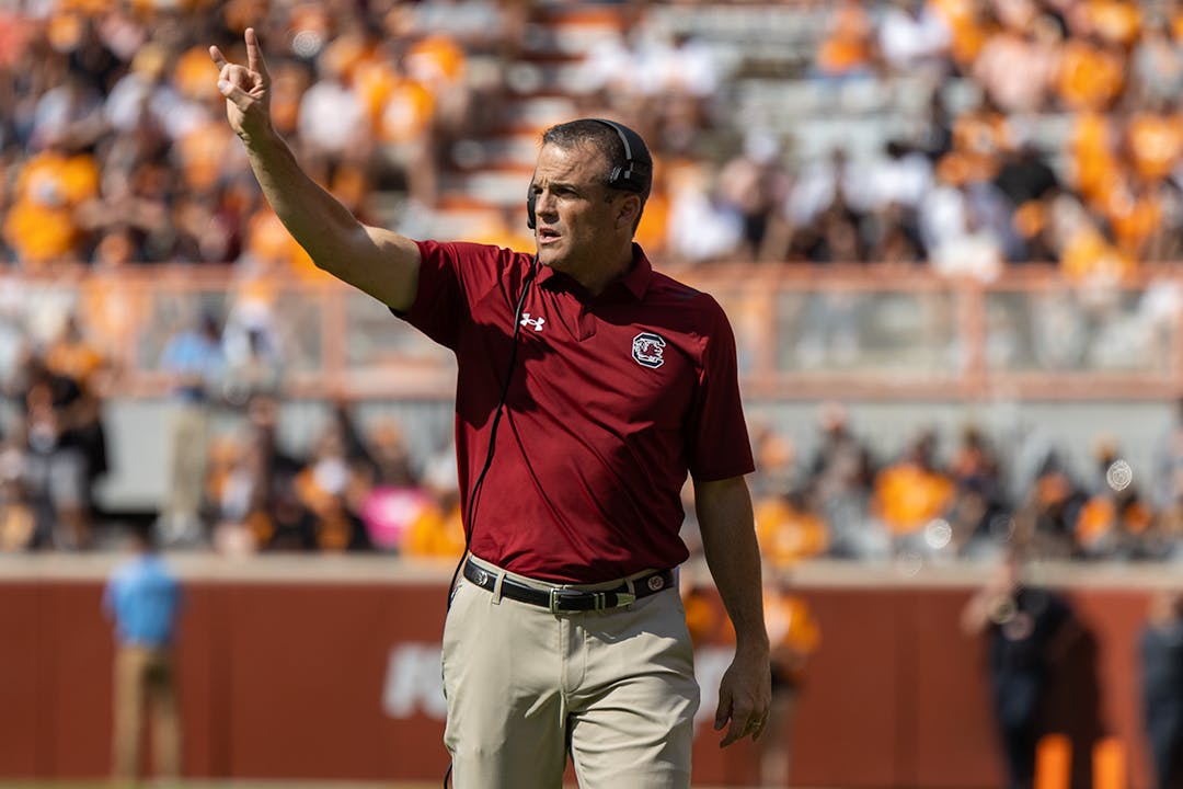 Gamecocks football head coach Shane Beamer on the sidelines of Neyland Stadium on Oct. 9, 2021.