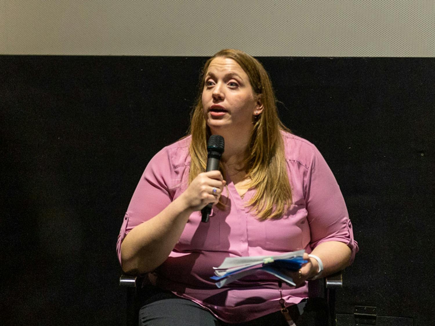 Assistant Professor at USC's Arnold School of Public Health, Dr. Jennifer Fillo introduces the panel of medical experts after the showing of "Love in the Time of Fentanyl" on Jan. 25, 2023. The panel went into more detail about the film and the ever-worsening fentanyl epidemic, and the resources offered in South Carolina that are available for people who are struggling with addiction.