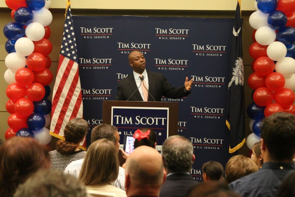 Newly-elected U.S. Sen. Tim Scott addresses the crowd at his victory party at the North Charleston Performing Arts Center in North Charleston, S.C., on Tuesday, Nov. 4, 2014. (Kim Kim Foster-Tobin/The State/MCT)