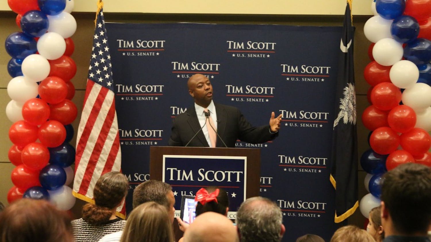 Newly-elected U.S. Sen. Tim Scott addresses the crowd at his victory party at the North Charleston Performing Arts Center in North Charleston, S.C., on Tuesday, Nov. 4, 2014. (Kim Kim Foster-Tobin/The State/MCT)