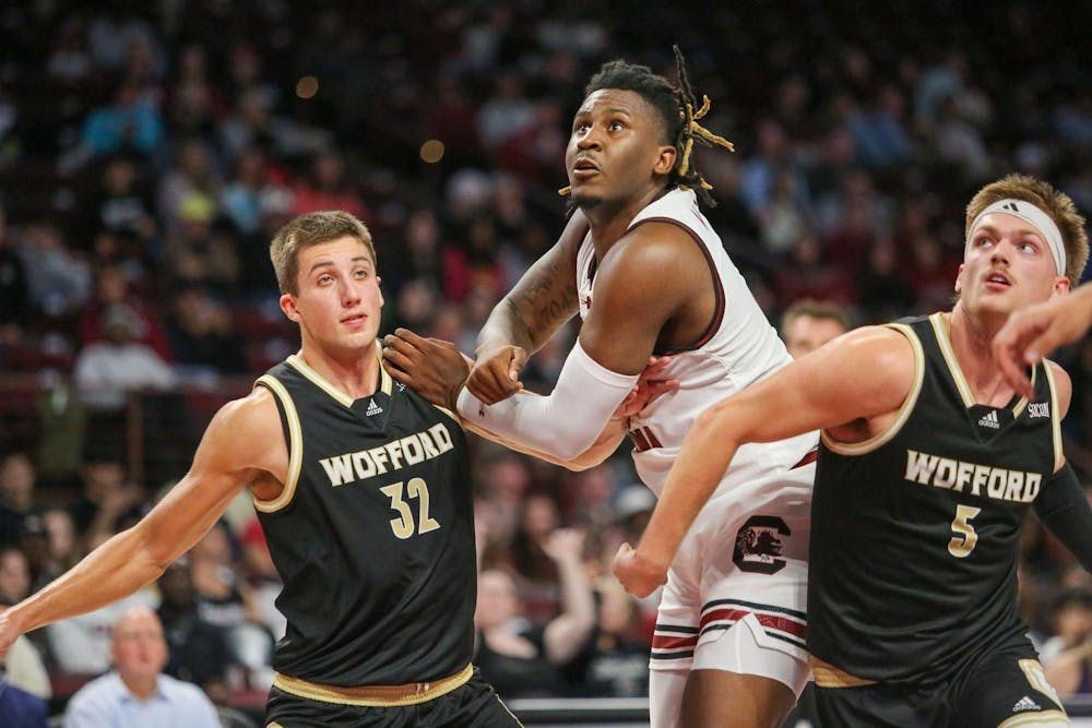 <p>FILE — Graduate student forward BJ Mack looks to grab the rebound during South Carolina’s exhibition game against Wofford at Colonial Life Arena on Nov. 1, 2023. Mack led the Gamecocks in scoring with 14 points in the 60-57 victory over the Terriers.</p>