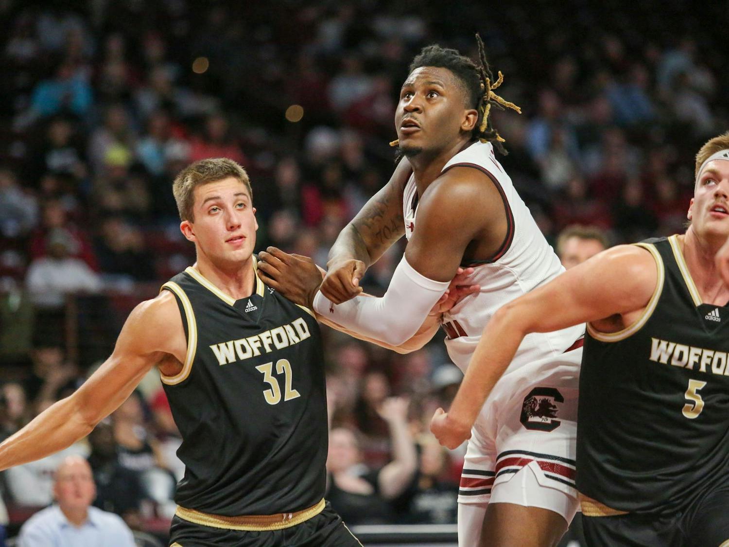 FILE — Graduate student forward BJ Mack looks to grab the rebound during South Carolina’s exhibition game against Wofford at Colonial Life Arena on Nov. 1, 2023. Mack led the Gamecocks in scoring with 14 points in the 60-57 victory over the Terriers.
