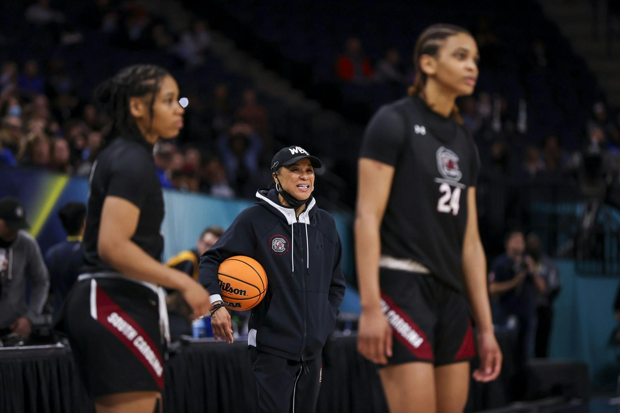 Head coach Dawn Staley watches the Gamecocks during open practice in the Target Center on April 2, 2022.