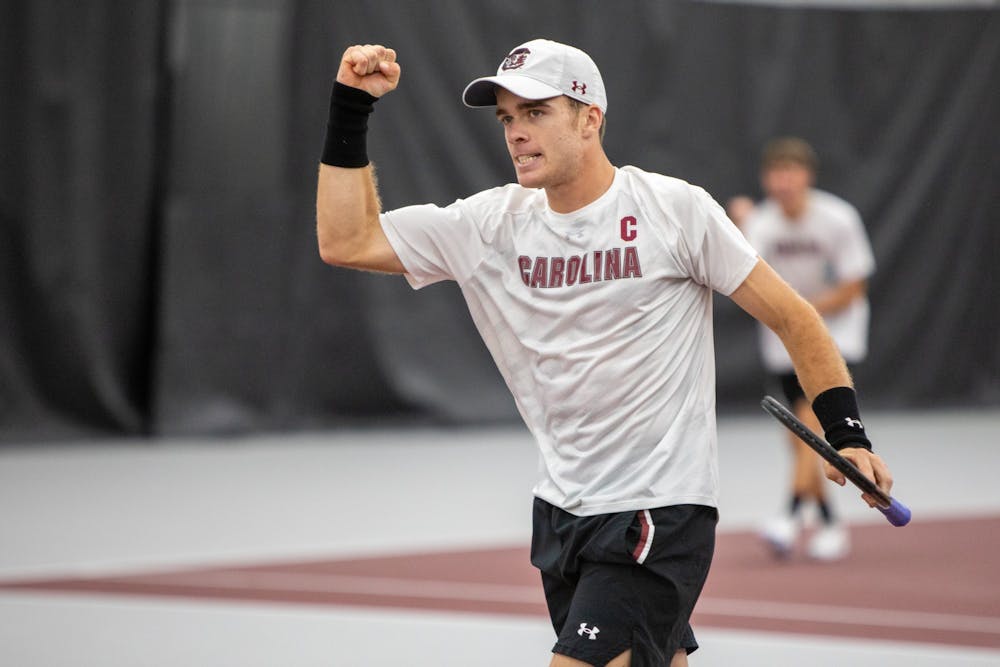 Junior Daniel Rodrigues celebrates after a point. The Gamecocks beat Mississippi State 5-2.