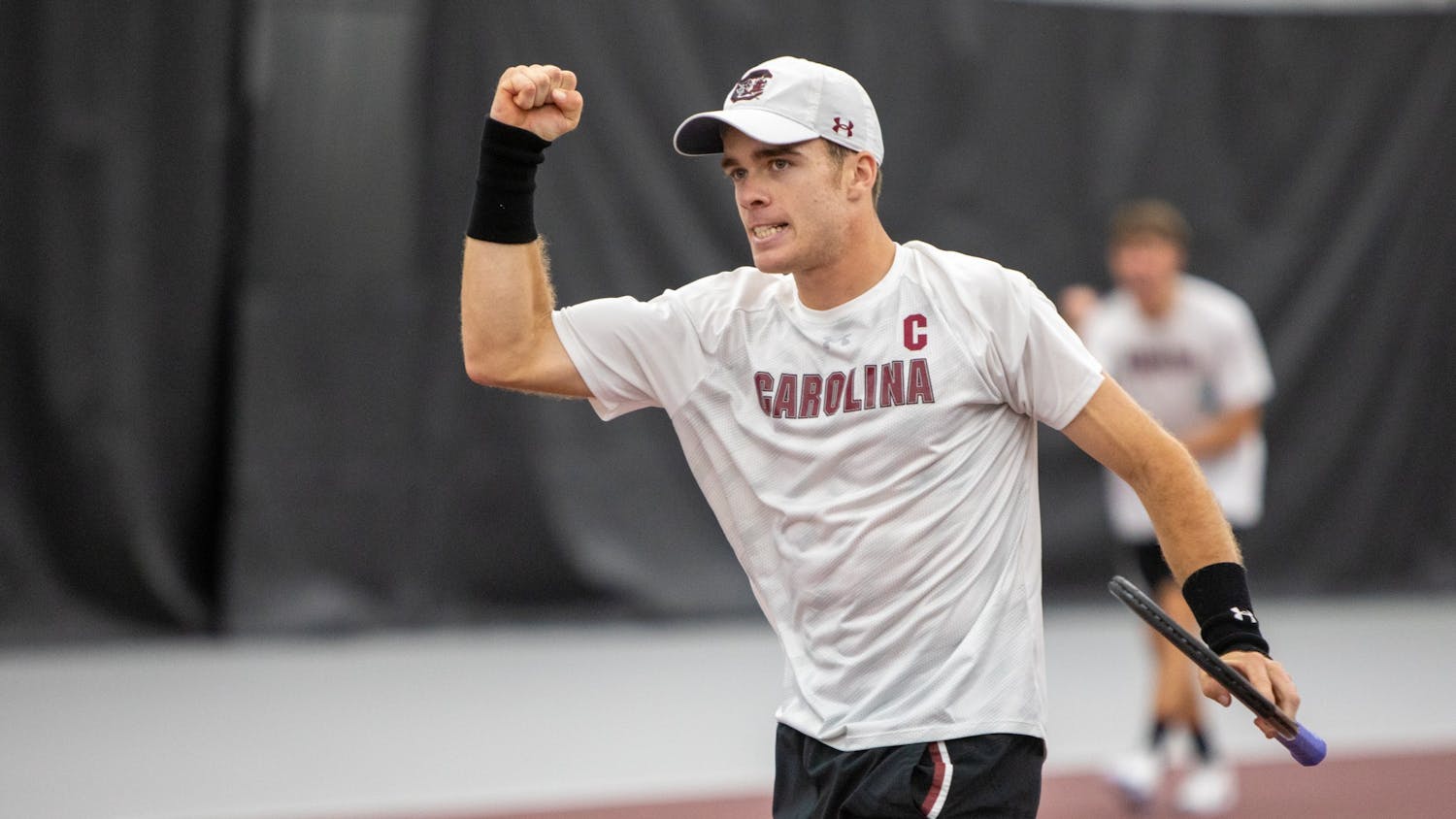 Junior Daniel Rodrigues celebrates after a point. The Gamecocks beat Mississippi State 5-2.