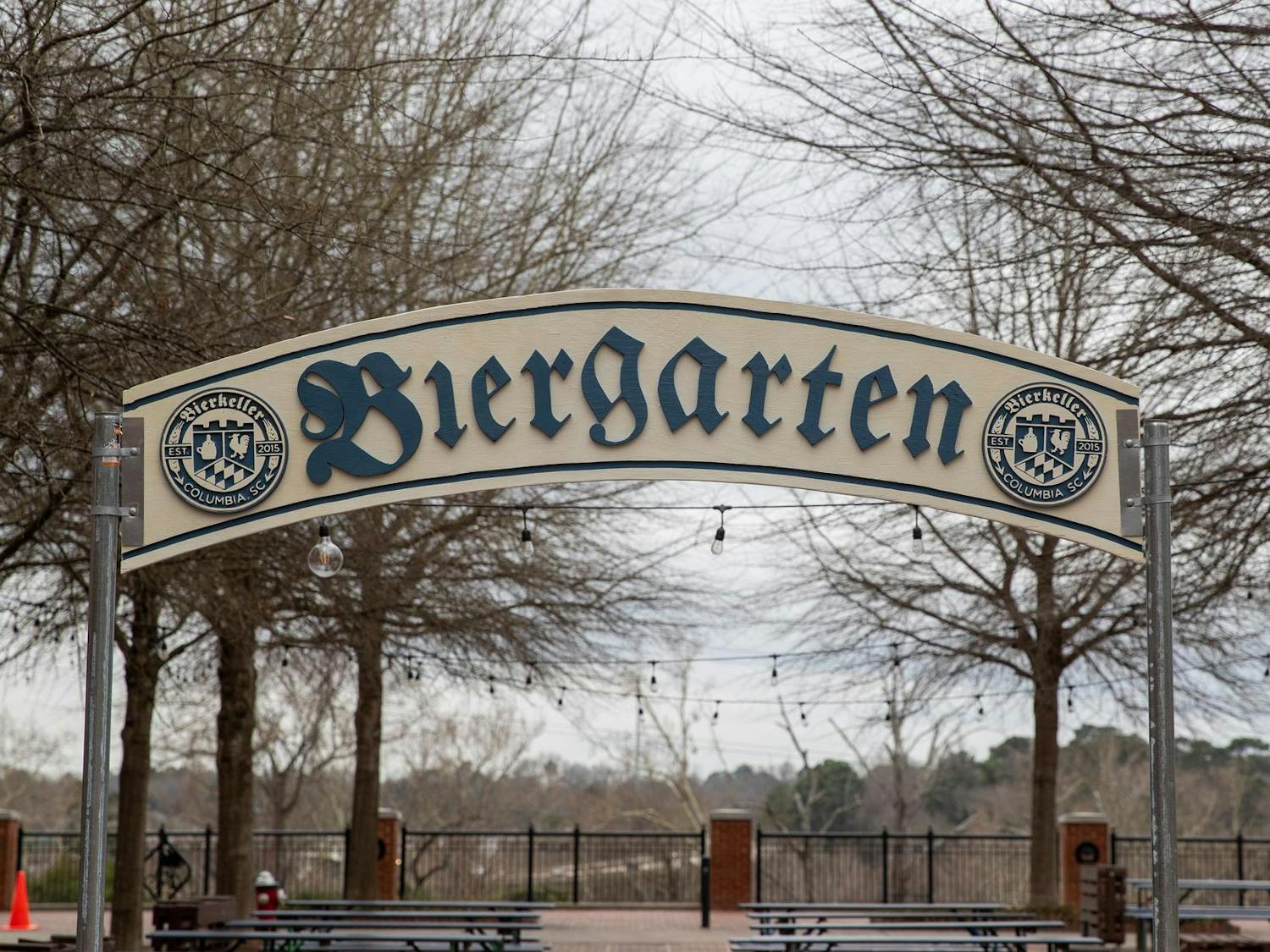 A sign for the Biergarten at Bierkeller Brewing Company is pictured on Feb. 19, 2025, in Columbia, South Carolina as the company begins to prepare for their upcoming Mardi Gras celebration. Bierkeller aims to incorporate the authentic German experience through their recipes and festivities.