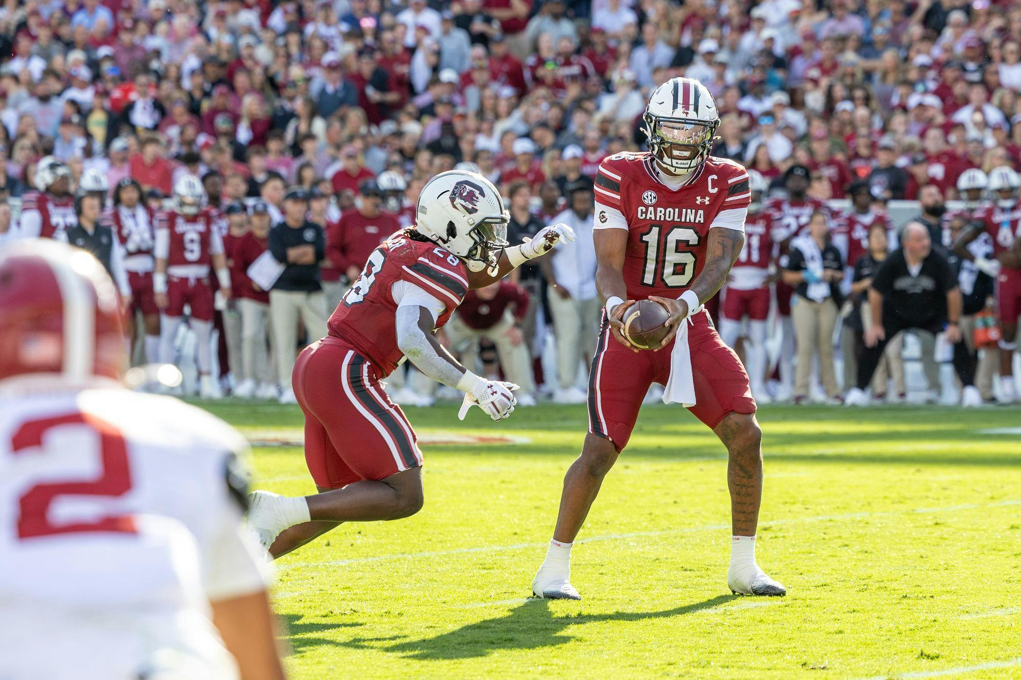 FILE — Redshirt freshman running back Matt Fuller receives a handoff from redshirt sophomore quarterback LaNorris Sellers during a game against Alabama on Oct. 25, 2025, at Williams-Brice Stadium. The Gamecocks lost to the Crimson Tide 29-22 after leading by 8 points in the fourth quarter.