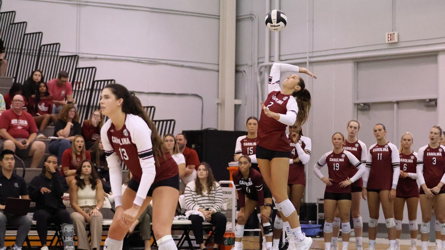 Junior outside hitter Jolie Cranford serves the ball while junior outside hitter Alayna Johnson gets ready as the round begins. Gamecock Volleyball played Wake Forest on Sunday, Sept. 15 at Carolina Volleyball Center in Columbia, South Carolina.