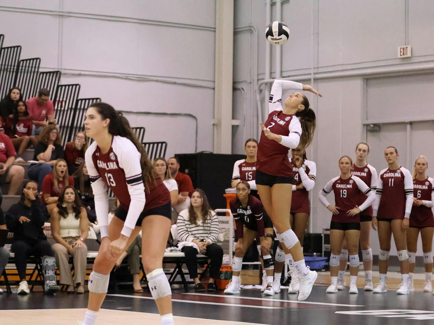 Junior outside hitter Jolie Cranford serves the ball while junior outside hitter Alayna Johnson gets ready as the round begins. Gamecock Volleyball played Wake Forest on Sunday, Sept. 15 at Carolina Volleyball Center in Columbia, South Carolina.