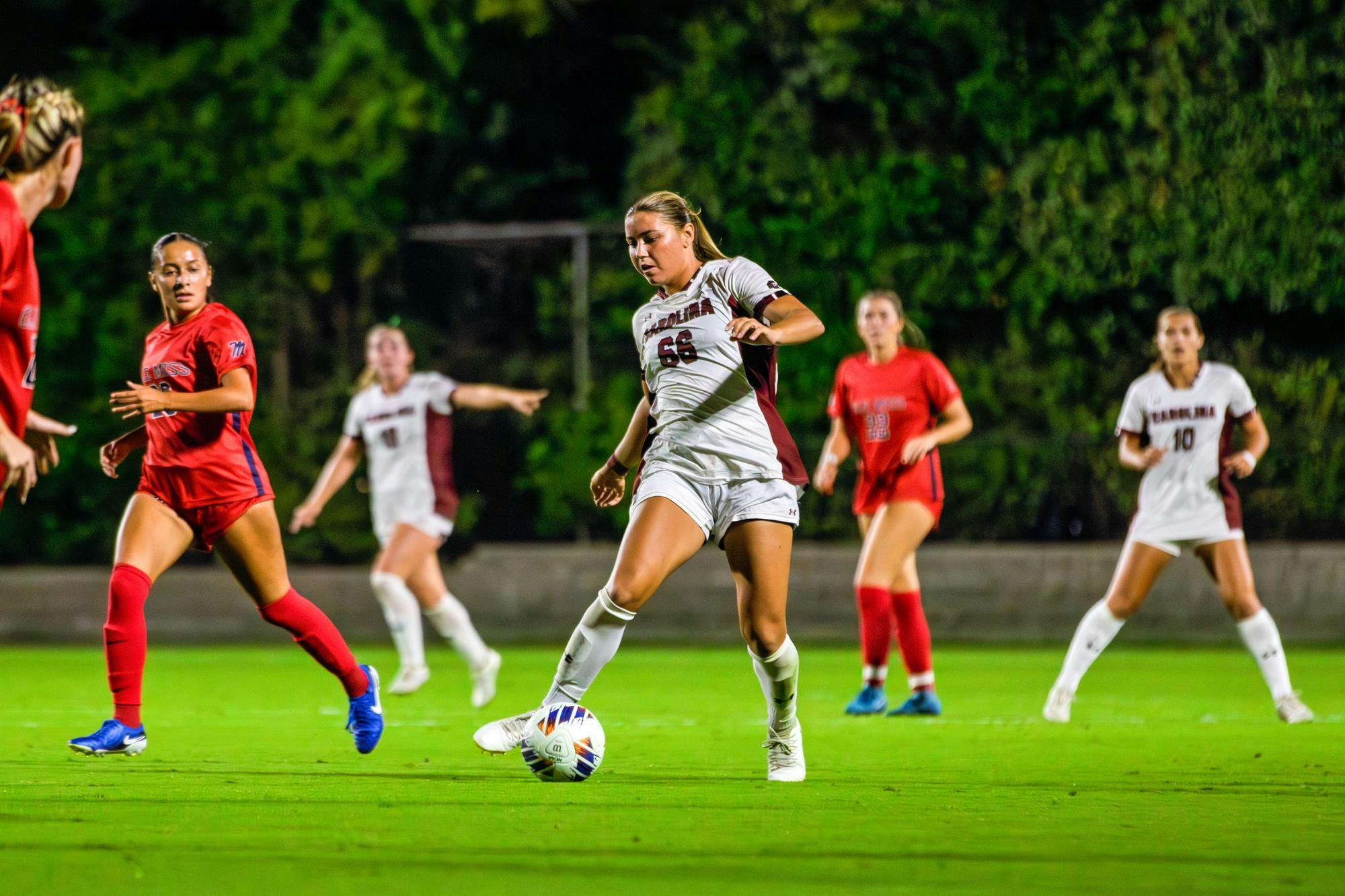 FILE — Senior defender Gracie Falla dribbles the ball towards the Ole Miss net during a game at Eugene E. Stone III Stadium on Sept. 18, 2025. Falla was an All-SEC First Team selection in 2024.