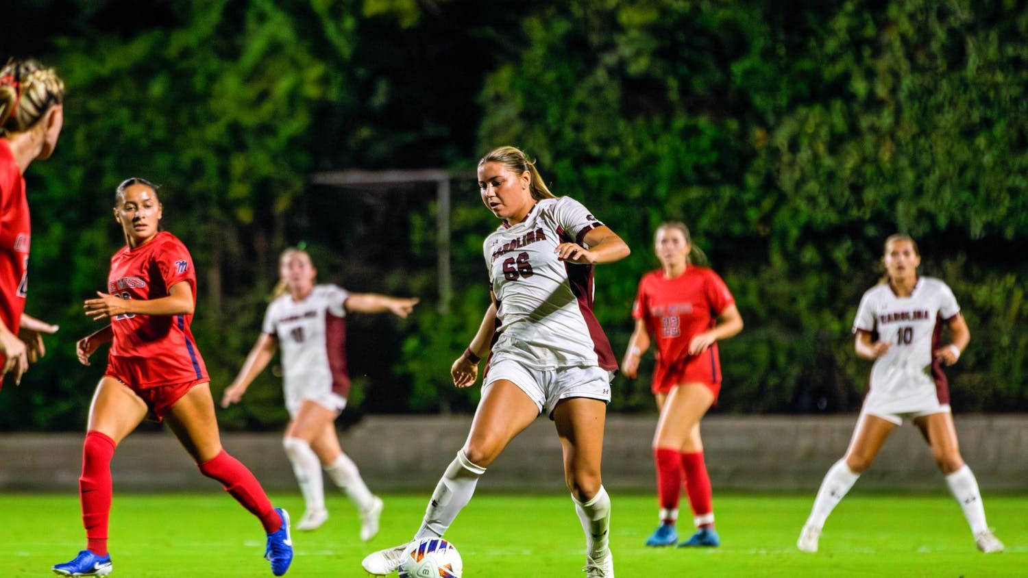 FILE — Senior defender Gracie Falla dribbles the ball towards the Ole Miss net during a game at Eugene E. Stone III Stadium on Sept. 18, 2025. Falla was an All-SEC First Team selection in 2024.