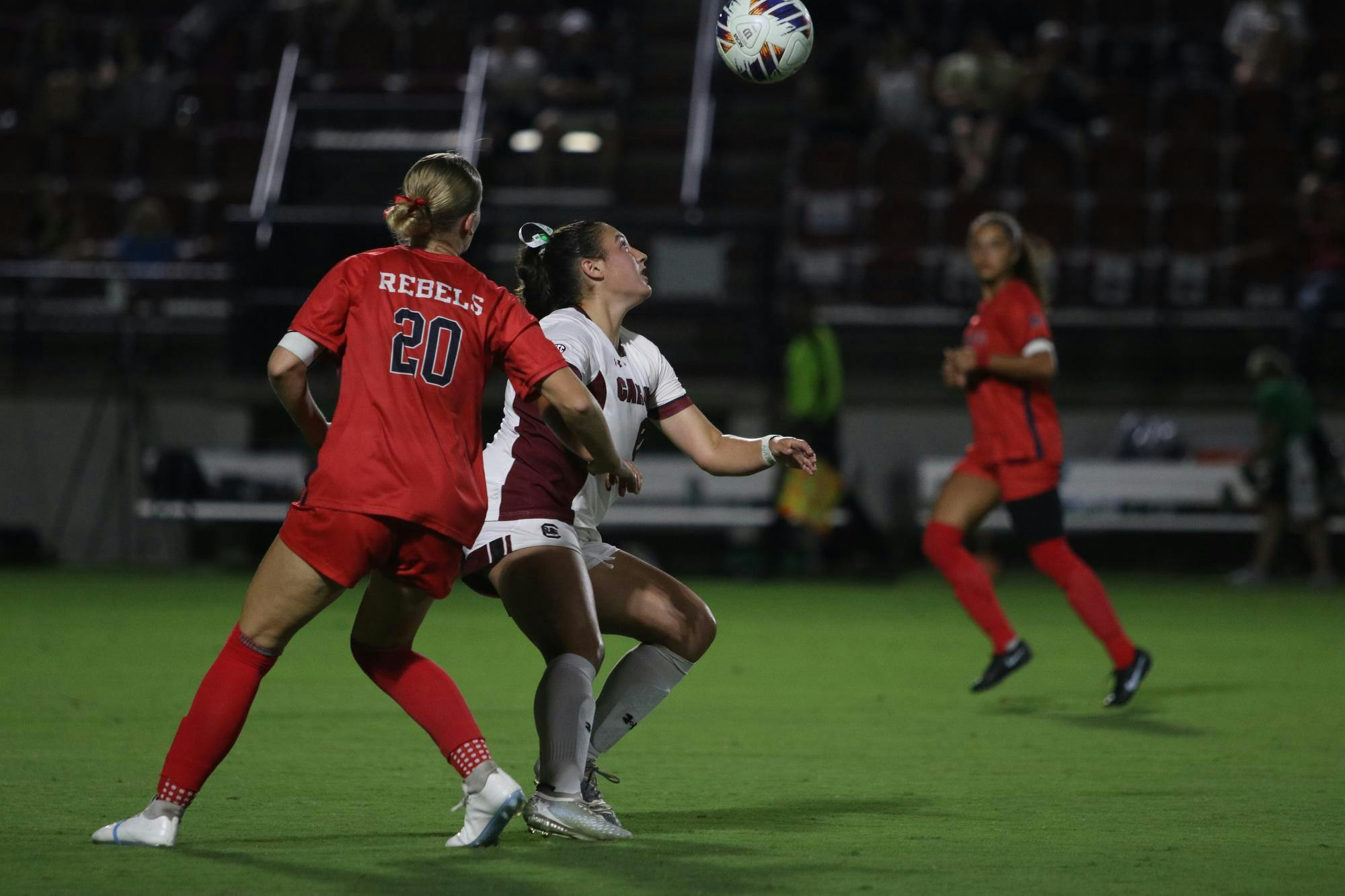 Freshman forward Mackenzie Johnson competes with an Ole Miss player for possession of the incoming ball in Eugene E. Stone III Stadium on Sept. 18, 2025. Johnson had two shots and one assist in the 4-0 win against Ole Miss.&nbsp;