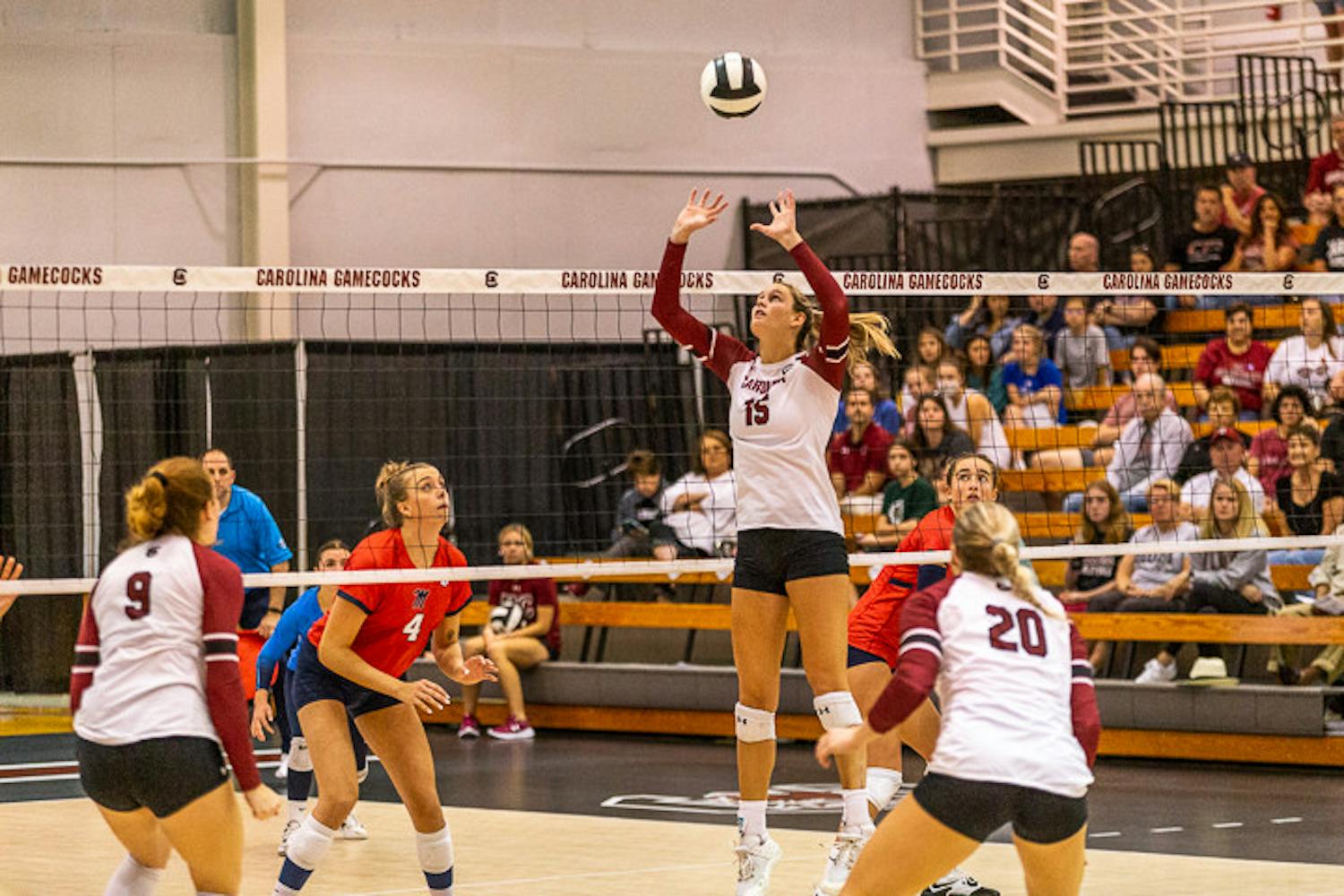Sophomore setter Claire Wilson sets the ball during the match between South Carolina and Ole Miss on Nov. 5, 2022. The Rebels beat the Gamecocks 3-1.&nbsp;