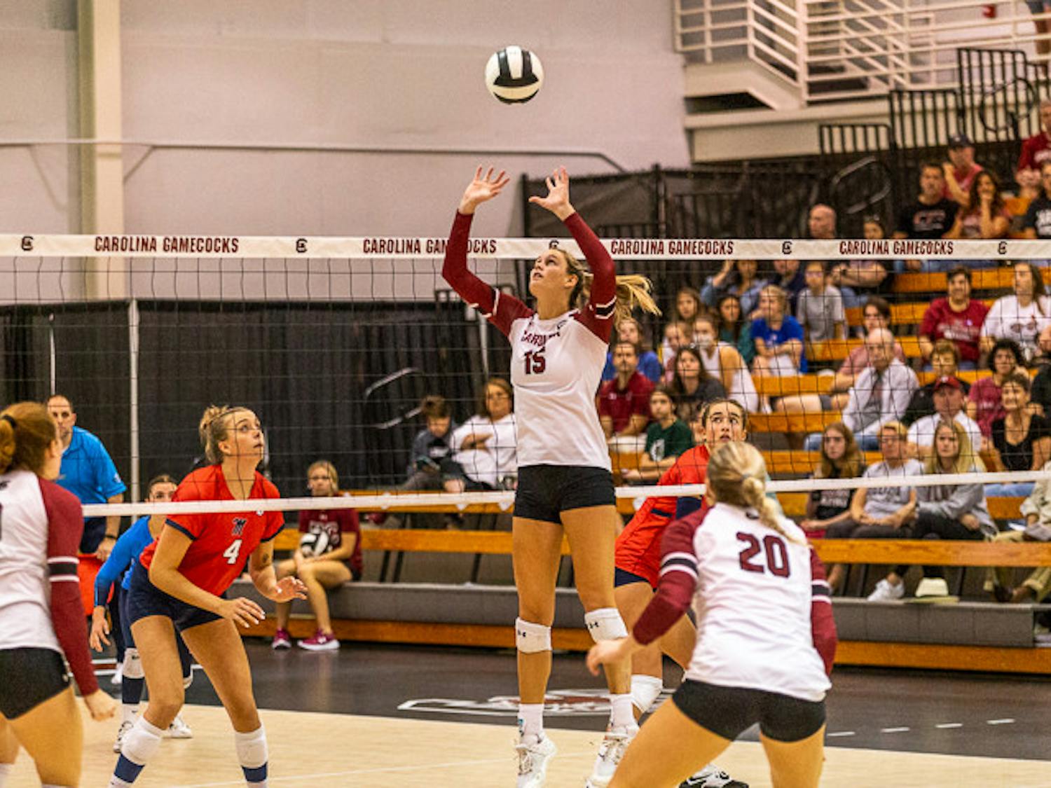 Sophomore setter Claire Wilson sets the ball during the match between South Carolina and Ole Miss on Nov. 5, 2022. The Rebels beat the Gamecocks 3-1.&nbsp;