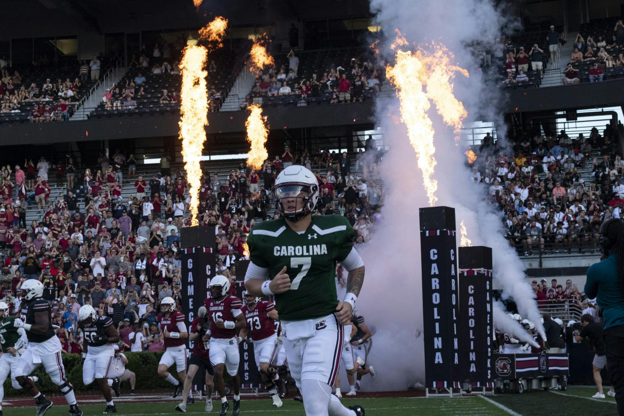 Redshirt senior quarterback Spencer Rattler leads the Gamecocks out to "2001: A Space Odyssey" at the annual Garnet &amp; Black Spring Game on April 15, 2023, at Williams-Brice Stadium. Rattler would throw one touchdown for the Black Team in his two quarters of play.&nbsp;