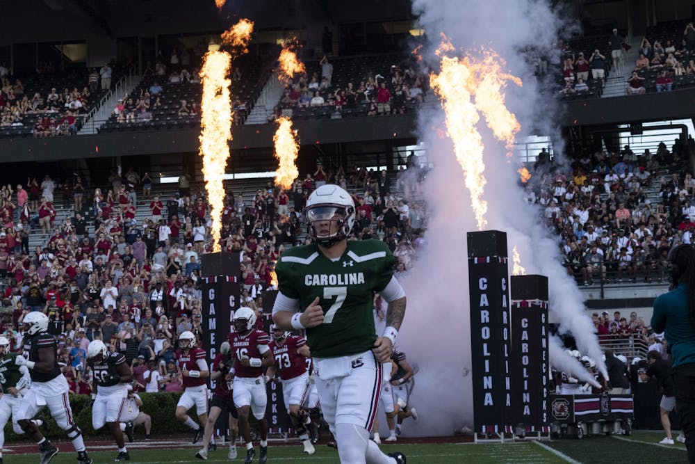 <p>Redshirt senior quarterback Spencer Rattler leads the Gamecocks out to "2001: A Space Odyssey" at the annual Garnet &amp; Black Spring Game on April 15, 2023, at Williams-Brice Stadium. Rattler would throw one touchdown for the Black Team in his two quarters of play.&nbsp;</p>