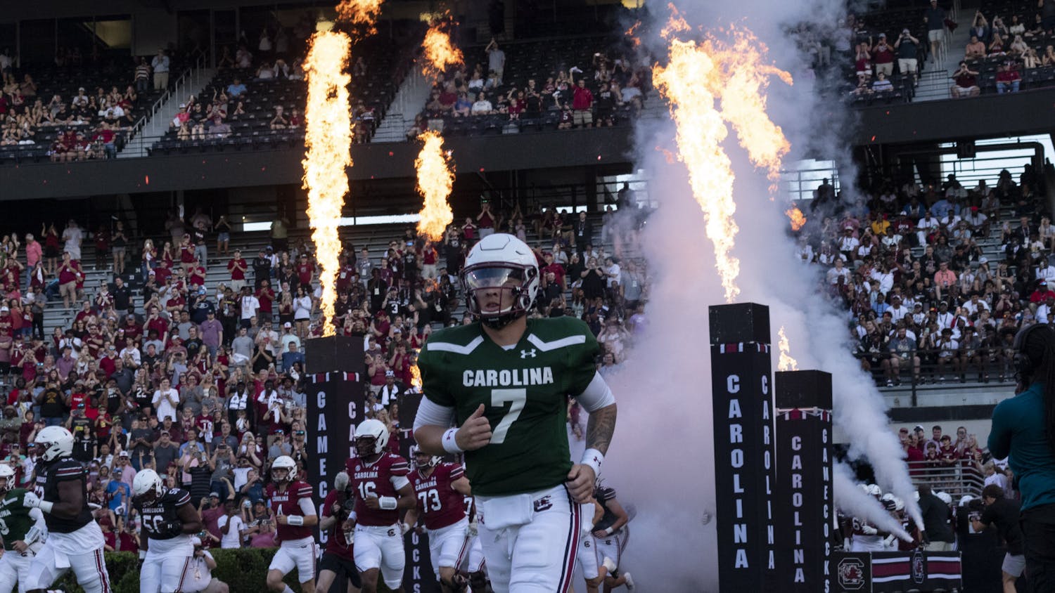 Redshirt senior quarterback Spencer Rattler leads the Gamecocks out to "2001: A Space Odyssey" at the annual Garnet &amp; Black Spring Game on April 15, 2023, at Williams-Brice Stadium. Rattler would throw one touchdown for the Black Team in his two quarters of play.&nbsp;