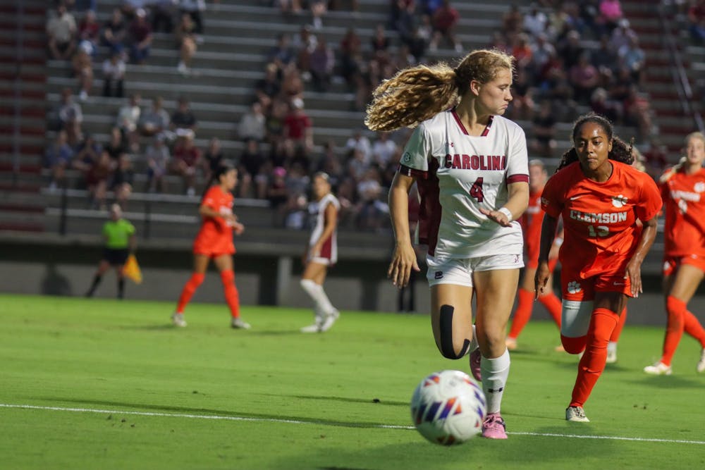 <p>FILE — Freshman forward Katie Shea Collins chases down the ball in the game against Clemson on Sept. 5, 2024. The Gamecocks and Tigers tied 1-1.</p>