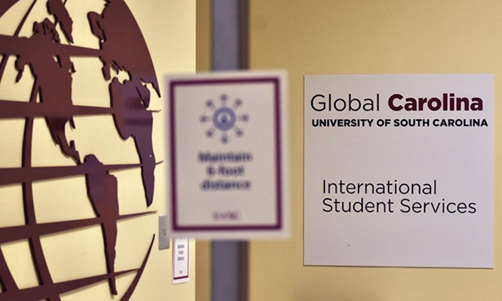 A sign marks the entrance to the International Student Services office in the Close-Hipp building. International student enrollment at USC has seen about a 20% drop this semester.
