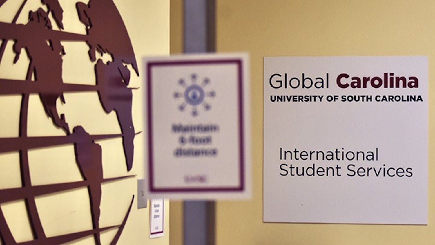 A sign marks the entrance to the International Student Services office in the Close-Hipp building. International student enrollment at USC has seen about a 20% drop this semester.
