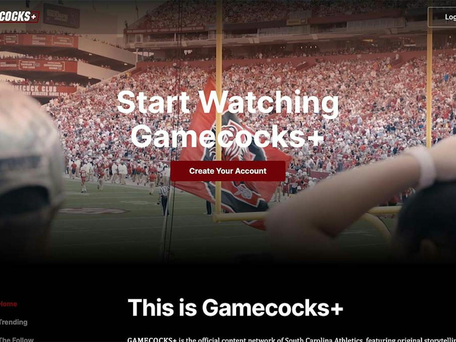 A screenshot of the front page of Gamecocks+. The streaming service is available for new subscribers for a yearly or monthly plan and will feature exclusive access to all things Gamecock sports.