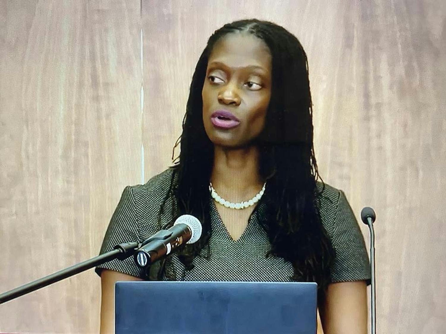 Provost candidate Dr. Valarie Kinloch speaks at the provost forums on March 23, 2022.
