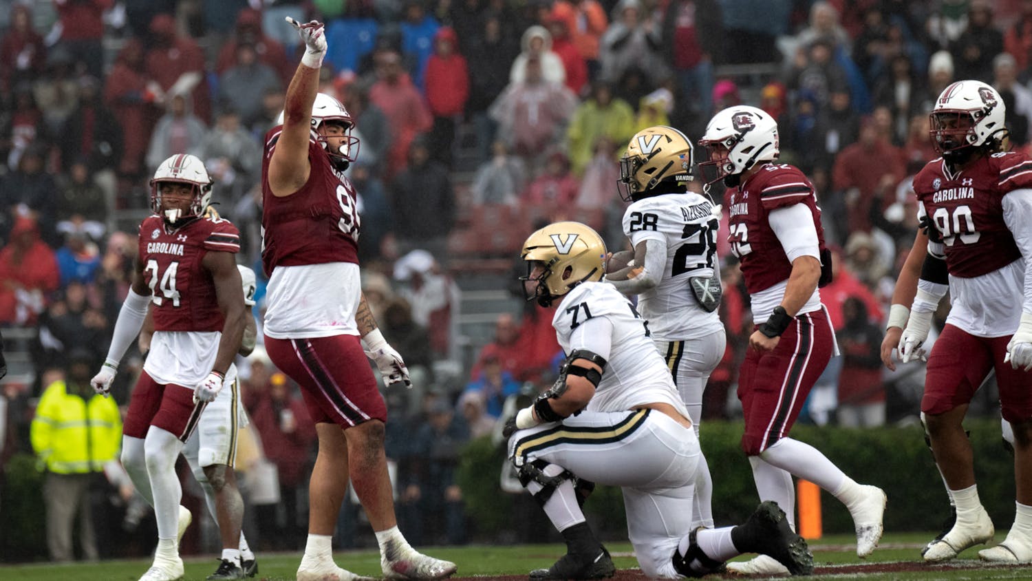 Redshirt defensive tackle Alex Huntley shakes his hand after a successful defensive play on Nov. 11, 2023. The Gamecock defense held the Vanderbilt Commodores to 6 points in the 47-6 victory at Williams-Brice Stadium.