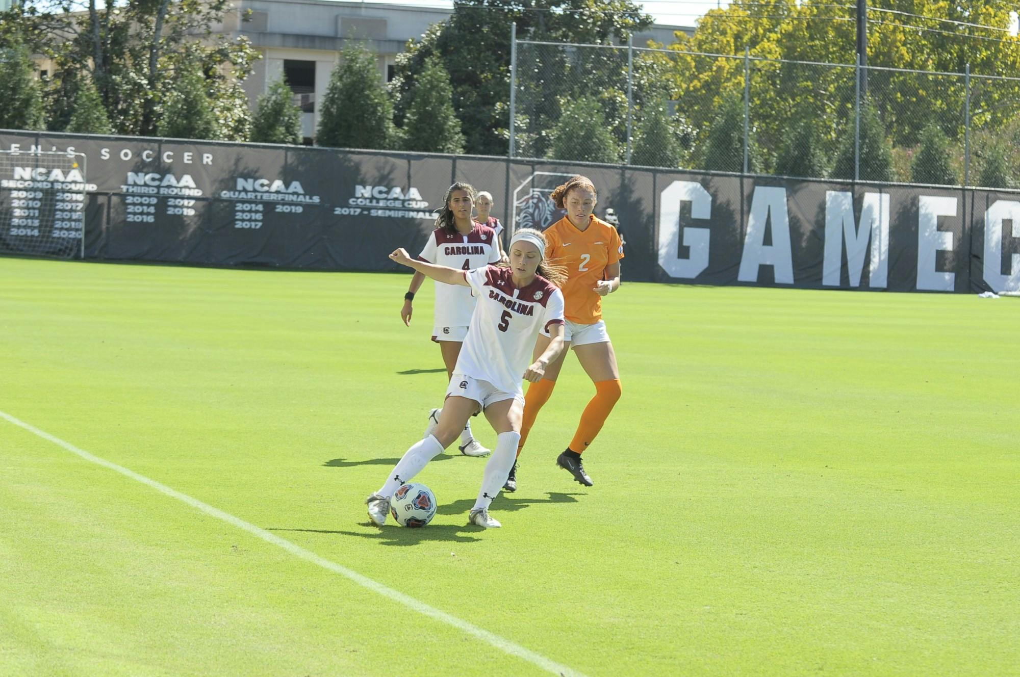 Gamecock graduate forward Luciana Zullo keeps the ball in bounds after receiving a pass from a teammate during the game against Tennessee Oct. 10, 2021.