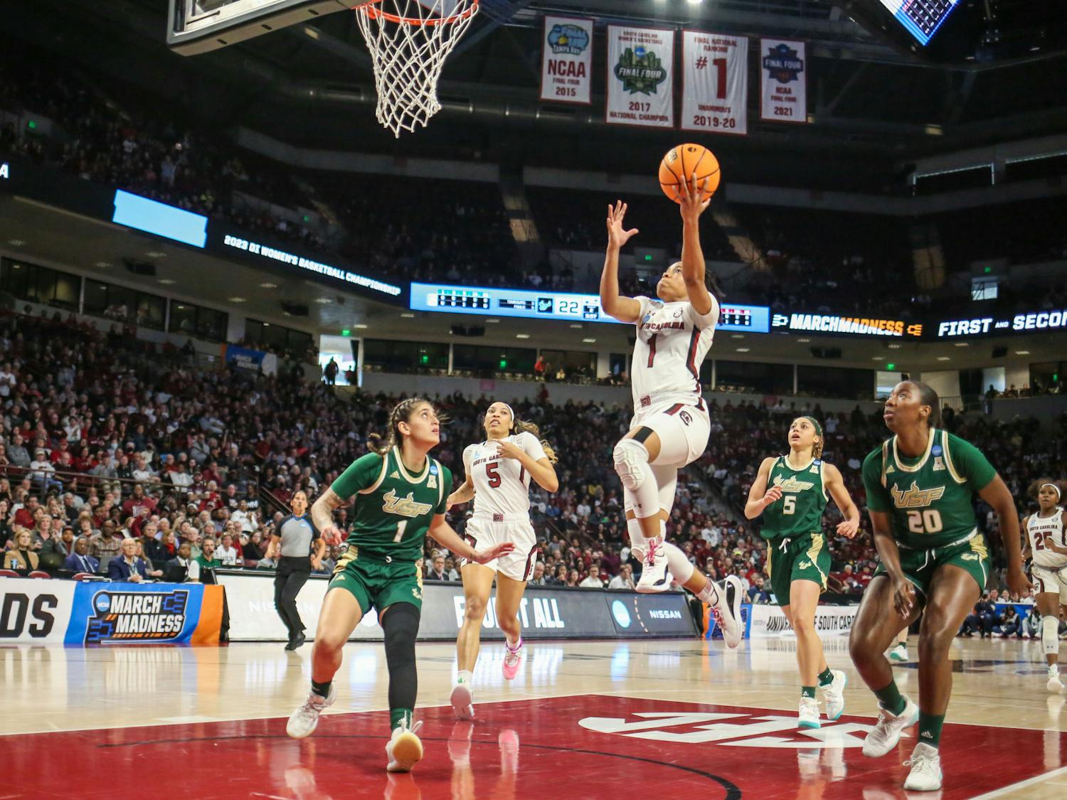 Senior guard Zia Cooke lays up the ball during South Carolina’s game against South Florida in round two of the NCAA tournament at Colonial Life Arena on March 19, 2023. The Gamecocks defeated the Bulls 76-45.