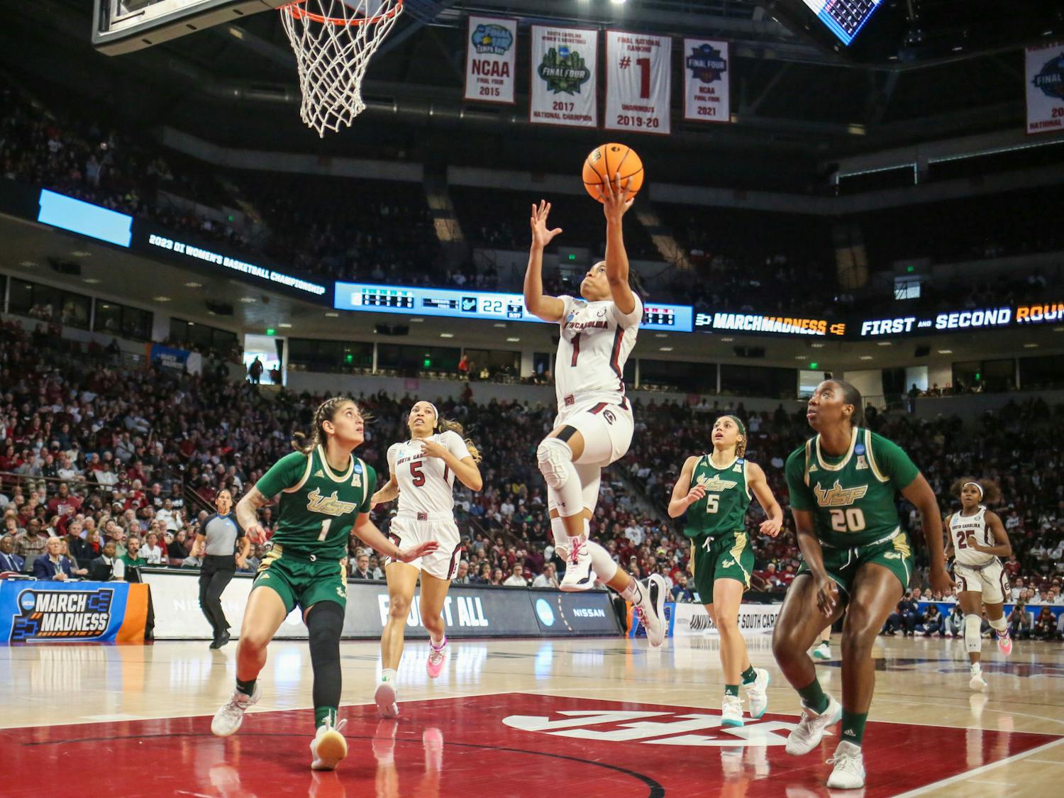 Senior guard Zia Cooke lays up the ball during South Carolina’s game against South Florida in round two of the NCAA tournament at Colonial Life Arena on March 19, 2023. The Gamecocks defeated the Bulls 76-45.