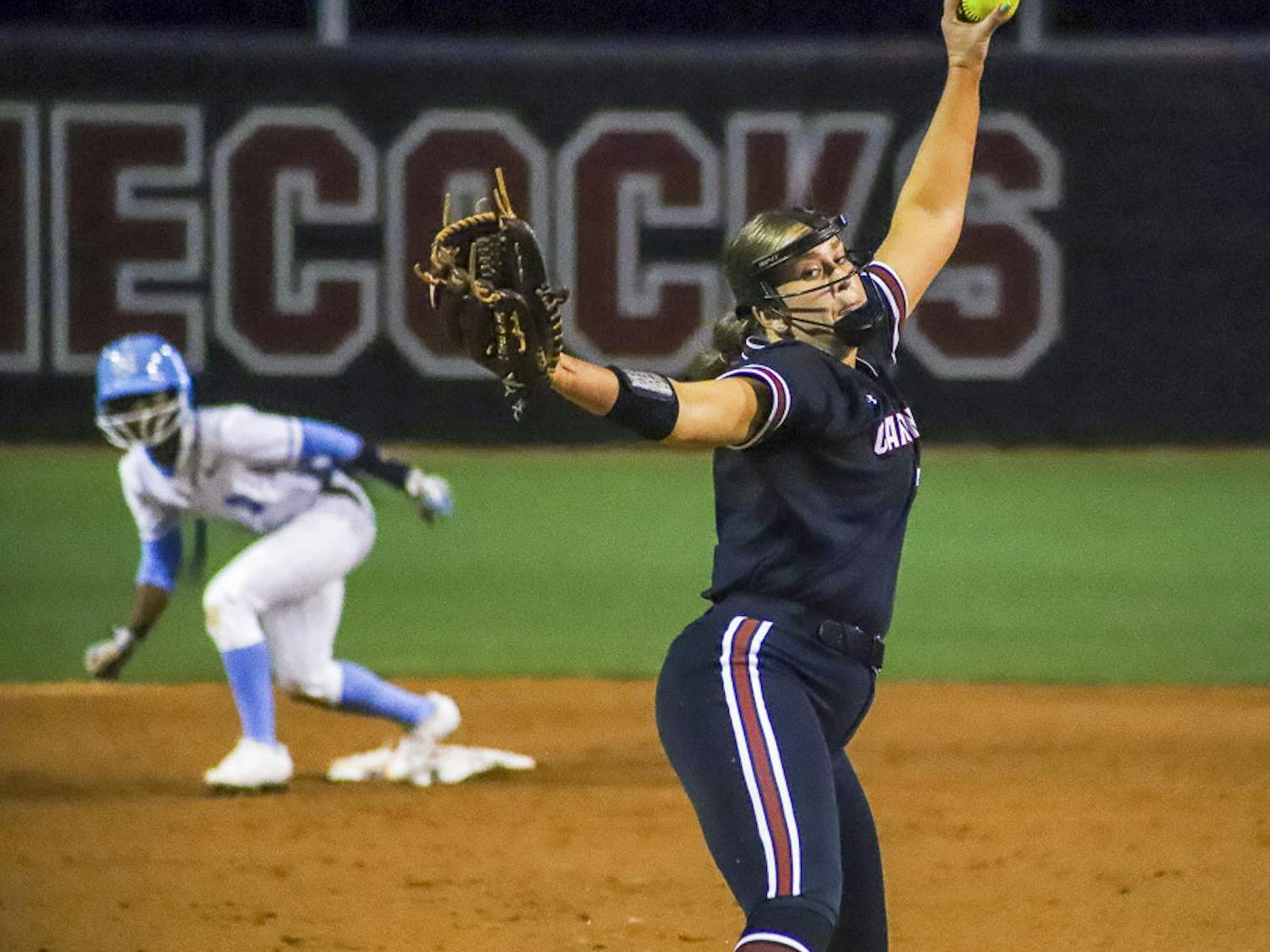 Senior pitcher Bailey Betenbaugh throws a pitch during the Gamecock's match against North Carolina at Beckham Field on March 1, 2023. South Carolina ended the game early with a 9-1 win over the Tar Heels.