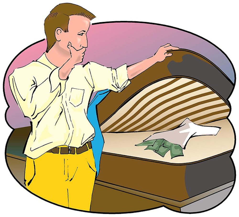 300 dpi Cliff Blair illustration of man hiding money under a mattress. The Tallahassee Democrat 1994<p>krtnational national; krtworld world; krt; krtcampus campus; mctillustration; 04000000; 04006018; FIN; krtbusiness business; krtfinancialservice financial services; krtintlbusiness; krtnamer north america; krtpersonalfinance personal finance; krtusbusiness; u.s. us united states; bank; mattress money; savings & loan savings and loan; ta contributed blair; 1994; krt1994