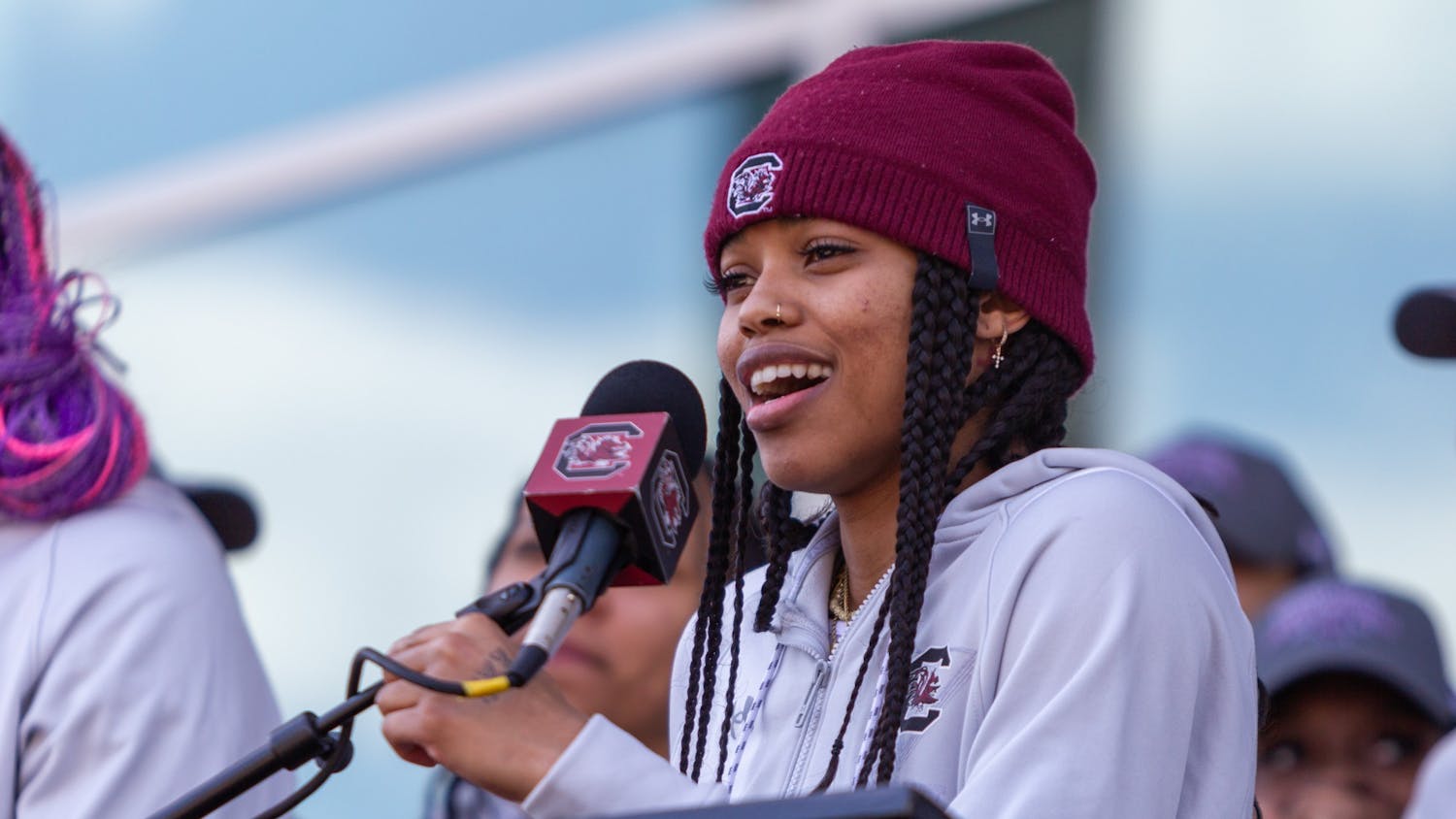 Senior guard Destanni Henderson speaks to fans in Columbia, SC on April 4, 2022. Fans lined the streets outside of Colonial Life Arena to welcome the team back to Columbia following their victory over the University of Connecticut to claim the NCAA national title.