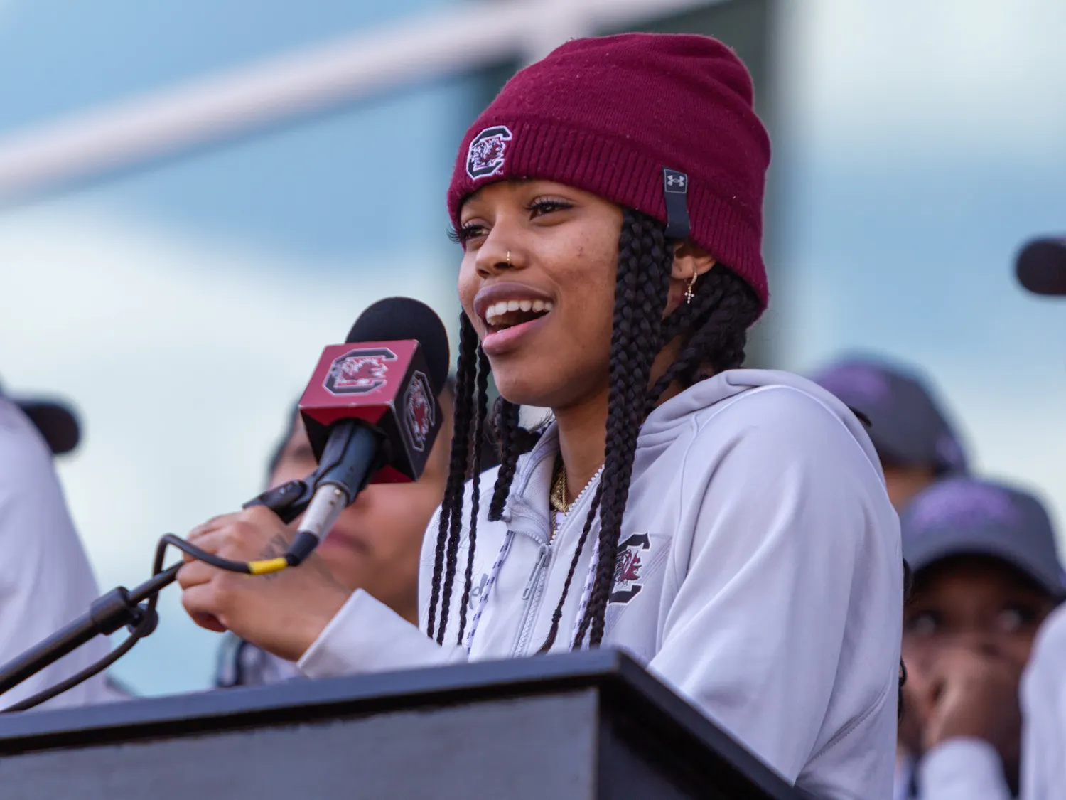 Senior guard Destanni Henderson speaks to fans in Columbia, SC on April 4, 2022. Fans lined the streets outside of Colonial Life Arena to welcome the team back to Columbia following their victory over the University of Connecticut to claim the NCAA national title.