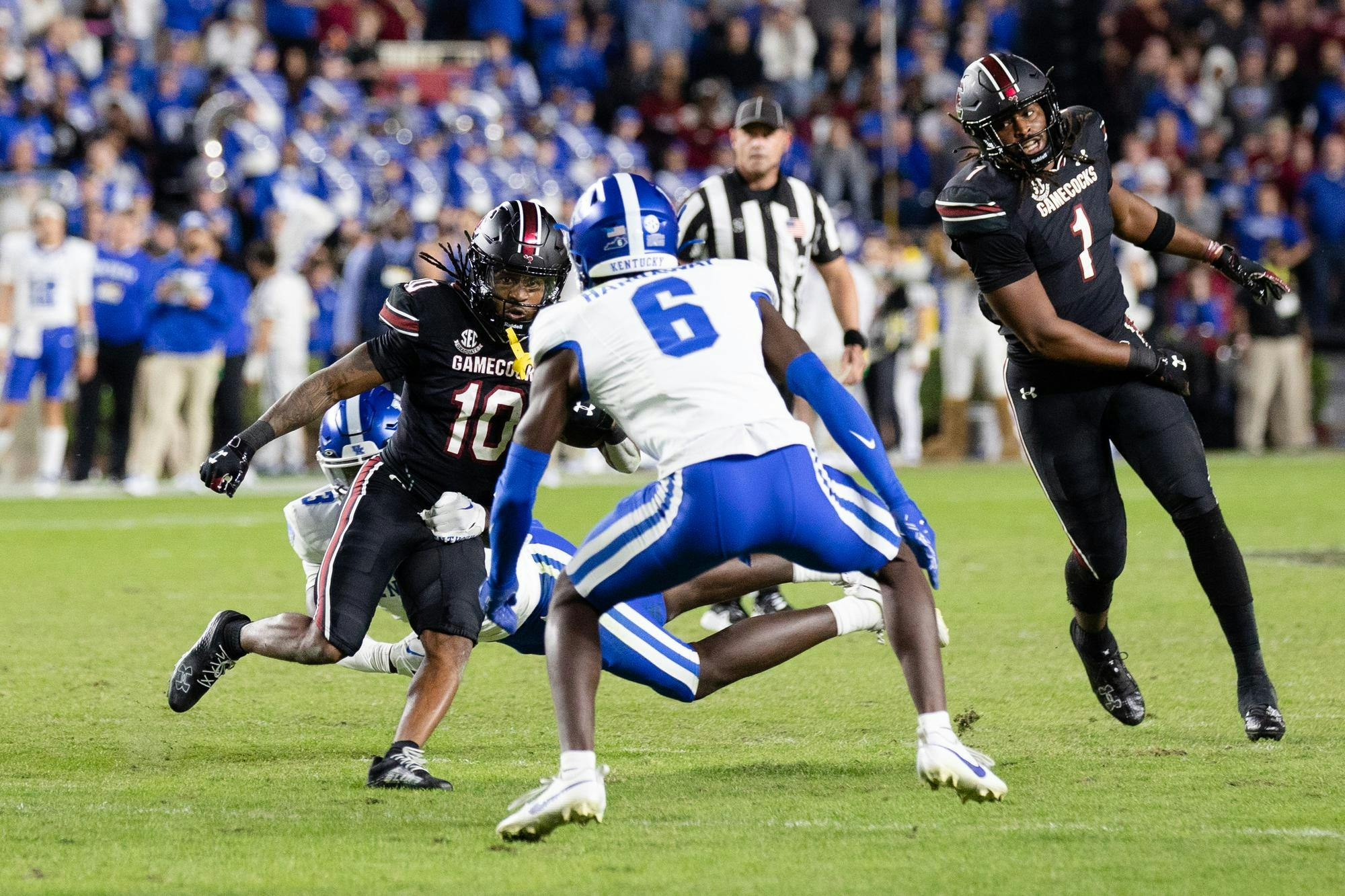 Fifth-year wide receiver Ahmarean Brown faces off against sophomore defensive back Jonquis "JQ" Hardaway during South Carolina's game against Kentucky on Nov. 18, 2023. The Gamecocks beat the Wildcats 17-14.