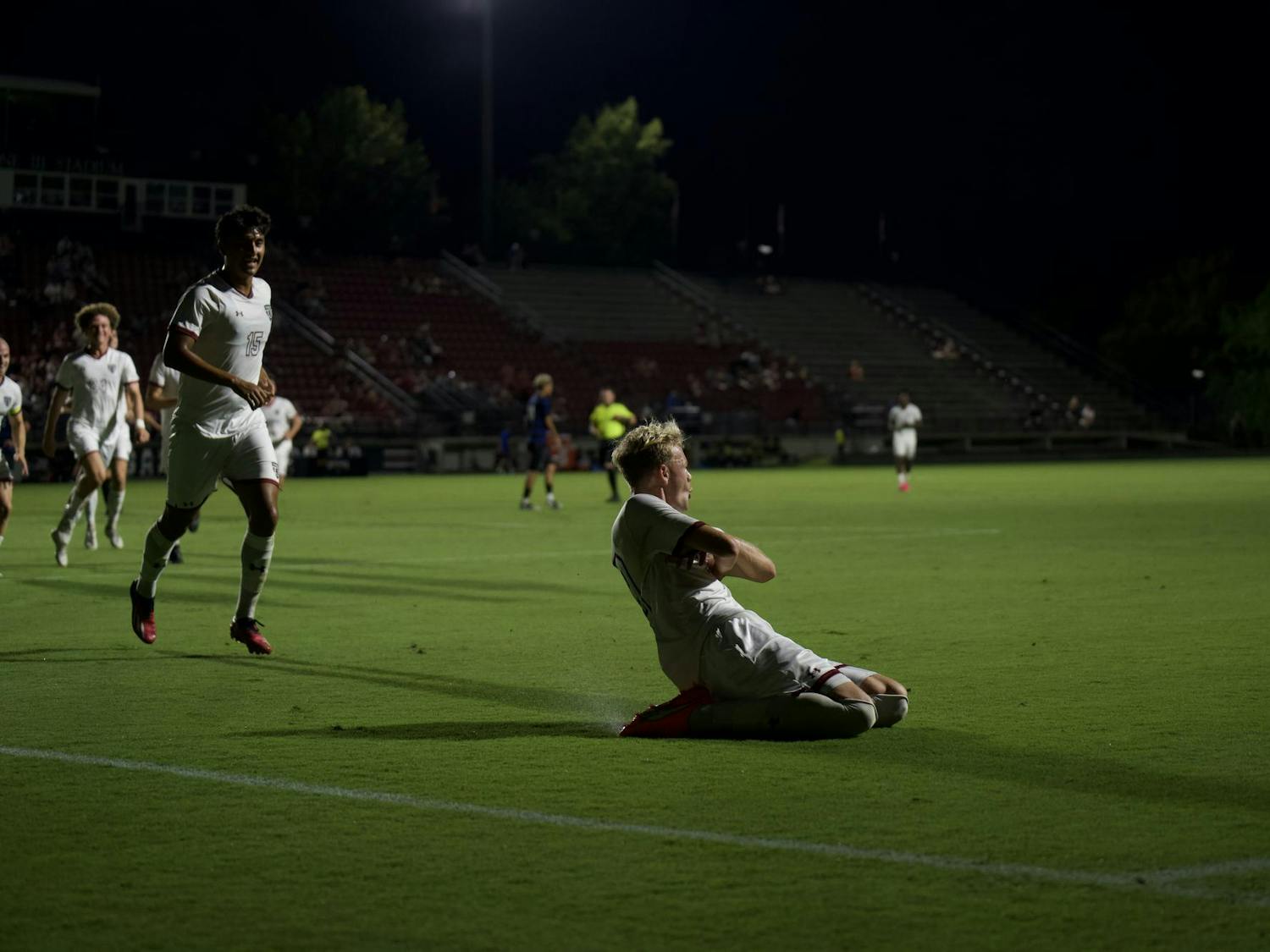 Junior forward Keanan Bader scores the second goal of the game for the Gamecocks, tying the game against Georgia State at Eugene E. Stone Stadium on Sept.19, 2025, at 2-2.