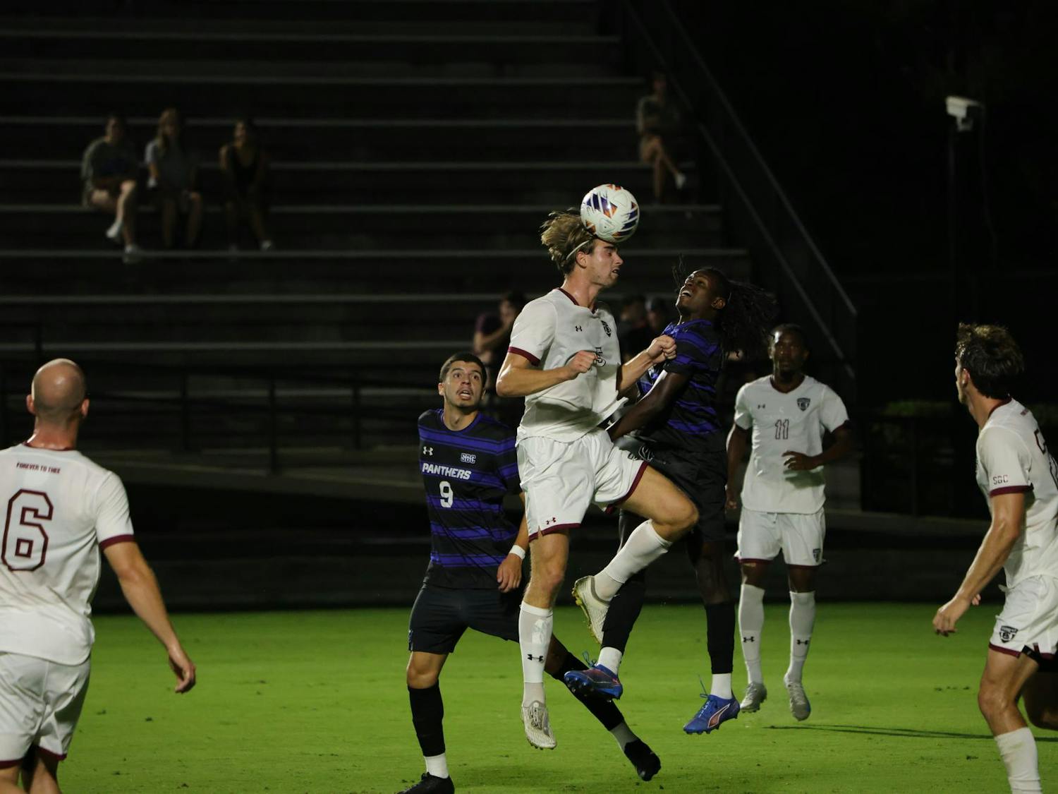 Senior defender William Nilsson rises above a Georgia State player to head the ball during South Carolina’s match at Eugene E. Stone Stadium on Friday, Sept. 19, 2025.