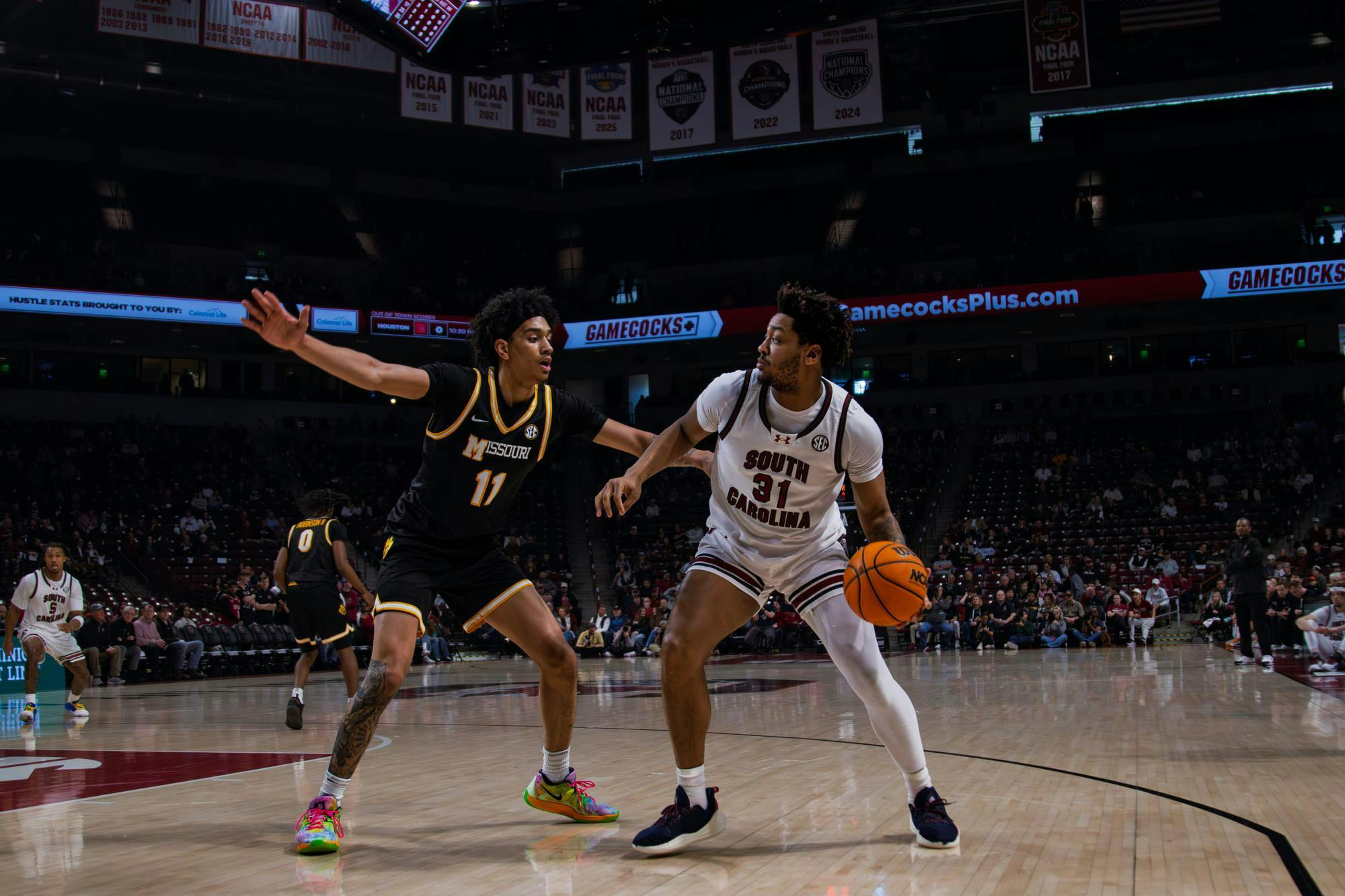 FILE —&nbsp;Junior forward Elijah Strong boxes out a defending player during the game against Mizzou on Feb. 7, 2026. Strong scored 12 points.